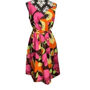 Avenue Floral Sleeveless Belted Midi Dress Women 14‎ Brown Pink Orange Green